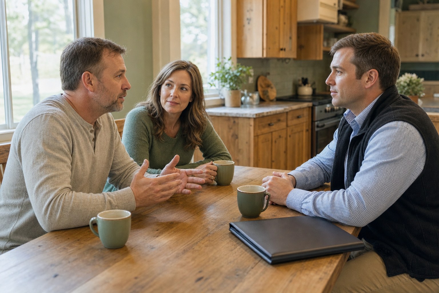 Advisor listening to a family at their kitchen table