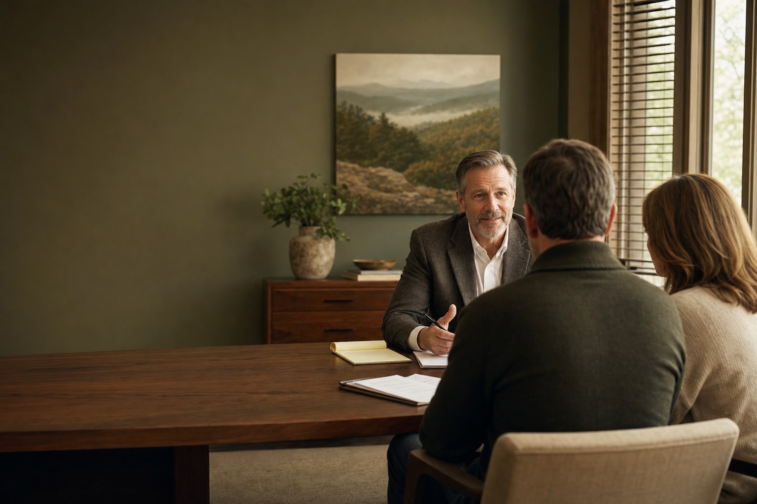 Advisor speaking with a couple in a warm office