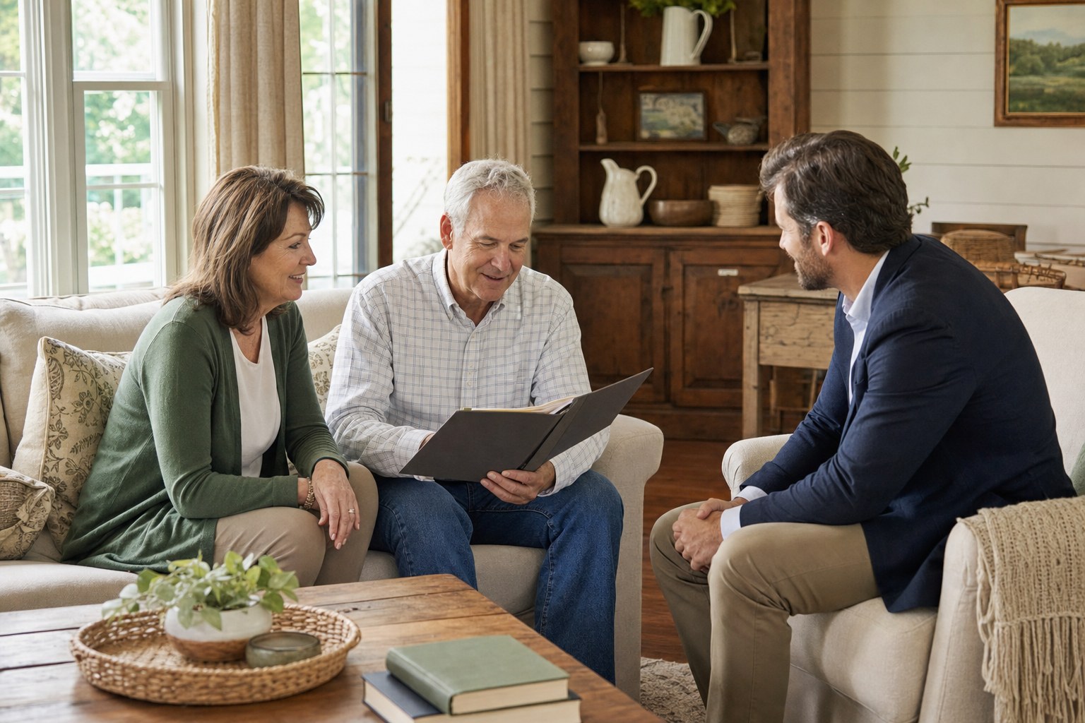 Couple speaking with an advisor in their home